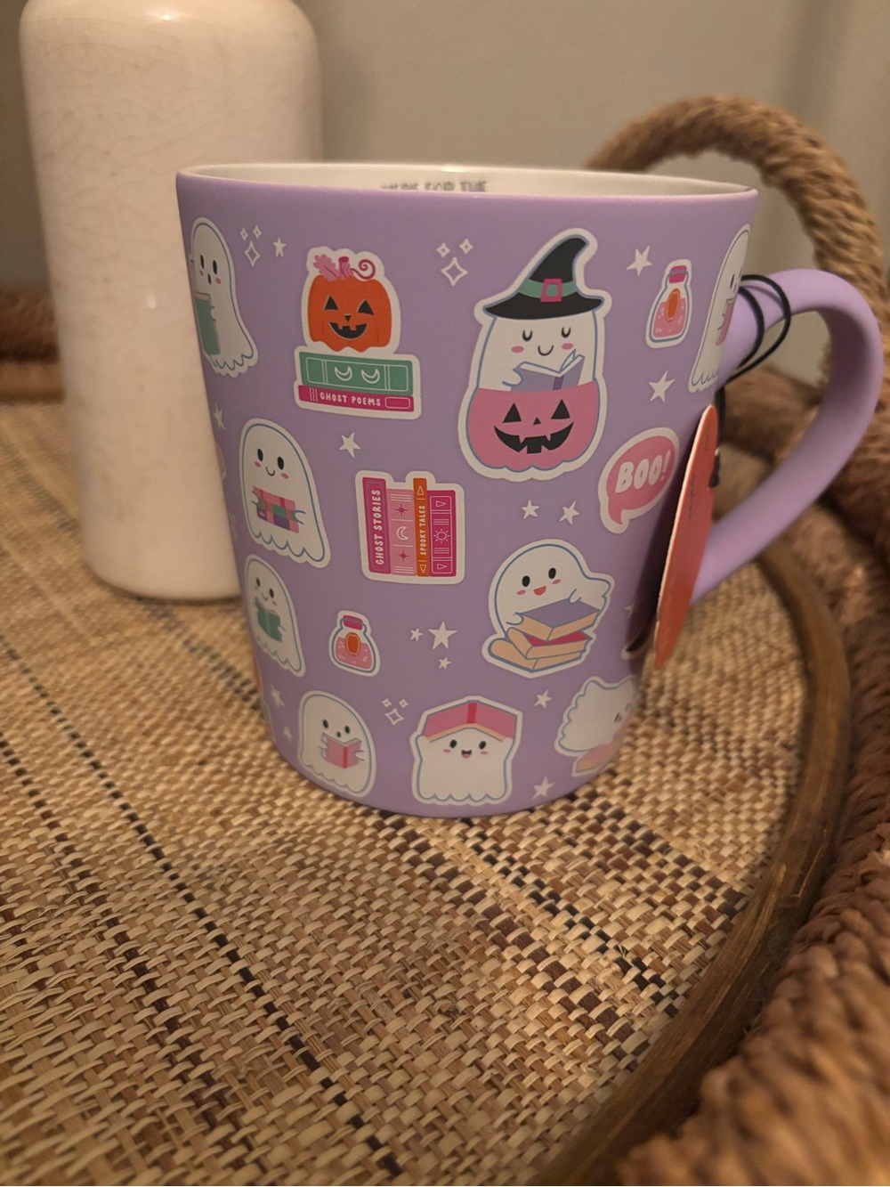 Halloween Ghosts Purple Ceramic Mug - Cute Ghost & Pumpkin Stickers